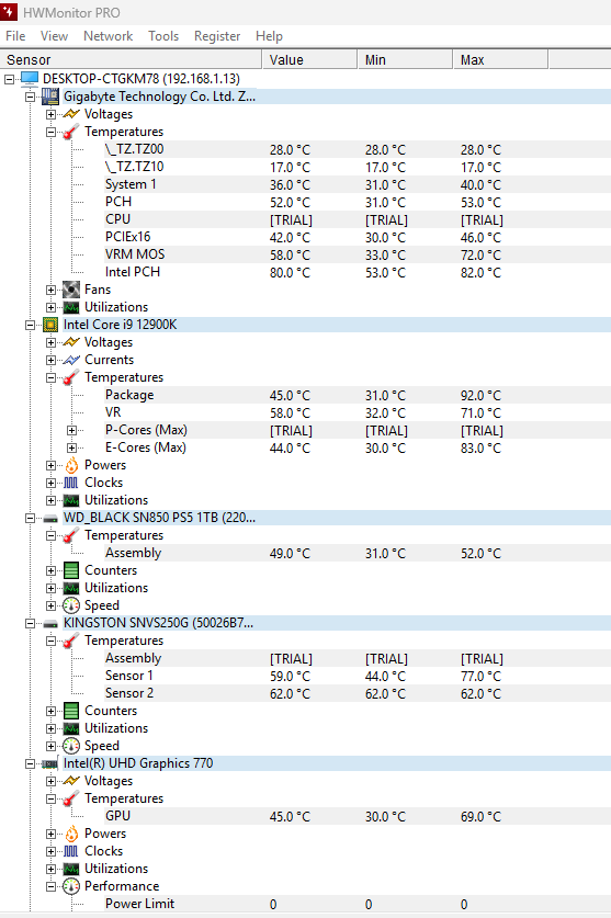 واجهة برنامج HWMonitor Pro
